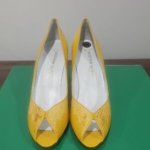 Andrew Geller Yellow Leather Peep Toe Heels – Snakeskin Trim,  Size 10AA NWOT